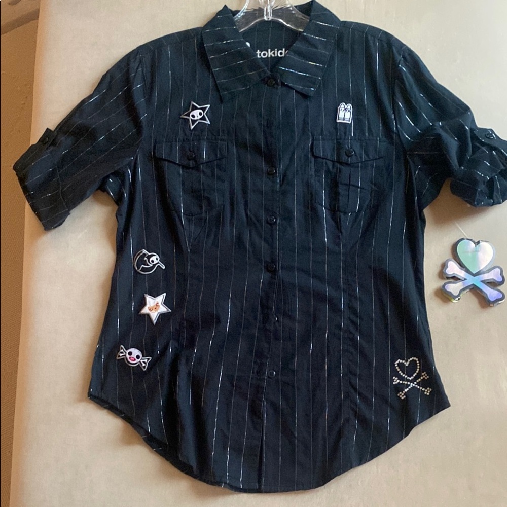 tokidoki Black Shirt with White Pinstripes and Colorful Patches